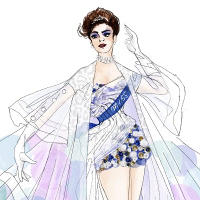 Draft of Miss Gina in a white dress with polka dots - Cirque du Soleil