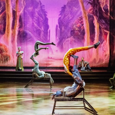 Deux acrobates allongés sur le dos, jonglant avec leurs pieds, lançant et attrapant gracieusement leurs partenaires.